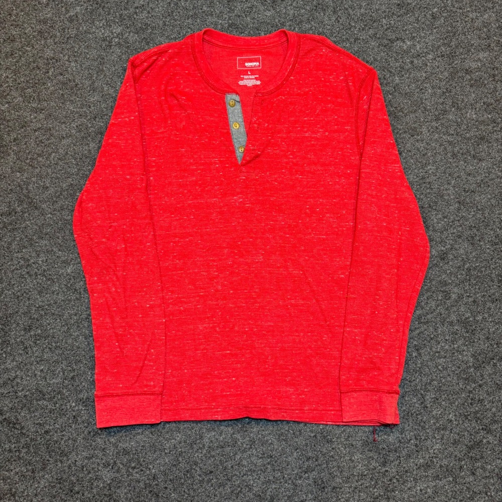 Sonoma Goods For Life Mens Red Heather Waffle Knit Long Sleeve Henley Shirt L